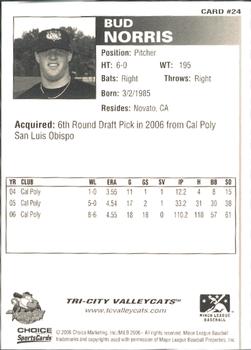 2006 Choice Tri-City ValleyCats #24 Bud Norris Back