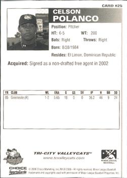 2006 Choice Tri-City ValleyCats #25 Celson Polanco Back
