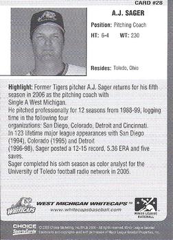 2006 Choice West Michigan Whitecaps #28 A.J. Sager Back