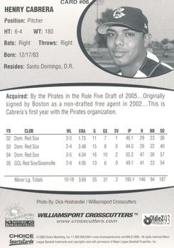 2006 Choice Williamsport Crosscutters #06 Henry Cabrera Back