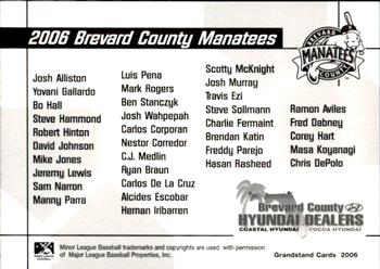 2006 Grandstand Brevard County Manatees #1 Cover Card Back