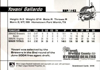 2006 Grandstand Brevard County Manatees #6 Yovani Gallardo Back