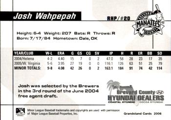 2006 Grandstand Brevard County Manatees #24 Josh Wahpepah Back