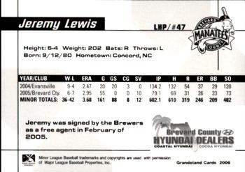 2006 Grandstand Brevard County Manatees #29 Jeremy Lewis Back