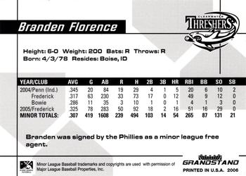 2006 Grandstand Clearwater Threshers #NNO Branden Florence Back