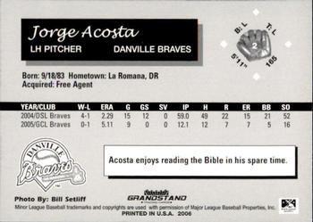2006 Grandstand Danville Braves #2 Jorge Acosta Back