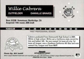 2006 Grandstand Danville Braves #5 Willie Cabrera Back