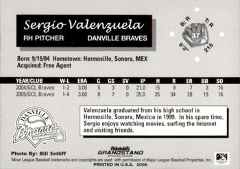 2006 Grandstand Danville Braves #16 Sergio Valenzuela Back