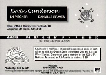2006 Grandstand Danville Braves #19 Kevin Gunderson Back