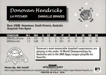 2006 Grandstand Danville Braves #22 Donovan Hendricks Back