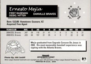 2006 Grandstand Danville Braves #25 Ernesto Mejia Back