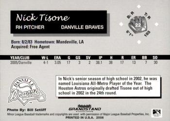 2006 Grandstand Danville Braves #33 Nick Tisone Back