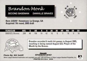2006 Grandstand Danville Braves #35 Brandon Monk Back