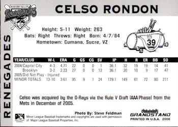 2006 Grandstand Hudson Valley Renegades #NNO Celso Rondon Back