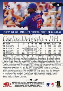 1997 Donruss Signature Series - Platinum Press Proofs #36 Carlos Delgado Back