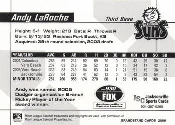2006 Grandstand Jacksonville Suns #5 Andy LaRoche Back