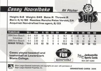 2006 Grandstand Jacksonville Suns #7 Casey Hoorelbeke Back