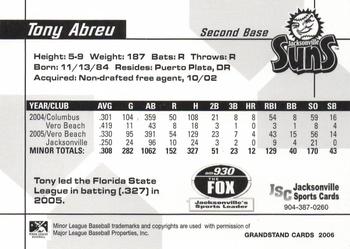 2006 Grandstand Jacksonville Suns #13 Tony Abreu Back