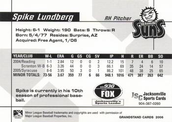 2006 Grandstand Jacksonville Suns #20 Spike Lundberg Back