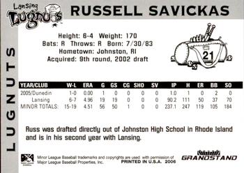 2006 Grandstand Lansing Lugnuts #NNO Russell Savickas Back