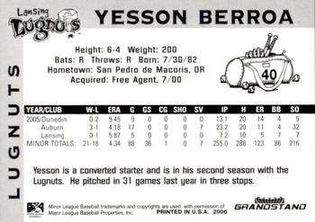 2006 Grandstand Lansing Lugnuts #NNO Yesson Berroa Back
