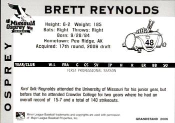 2006 Grandstand Missoula Osprey #6 Brett Reynolds Back