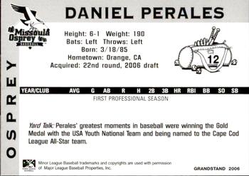2006 Grandstand Missoula Osprey #33 Daniel Perales Back