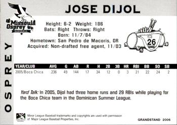 2006 Grandstand Missoula Osprey #35 Jose Dijol Back