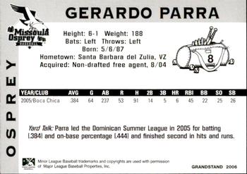 2006 Grandstand Missoula Osprey #36 Gerardo Parra Back