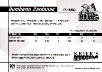 2006 Grandstand Modesto Nuts #25 Humberto Cardenas Back