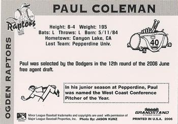 2006 Grandstand Ogden Raptors #NNO Paul Coleman Back