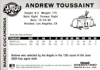 2006 Grandstand Rancho Cucamonga Quakes #2 Andrew Toussaint Back