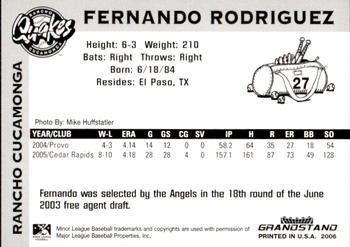 2006 Grandstand Rancho Cucamonga Quakes #3 Fernando Rodriguez Back