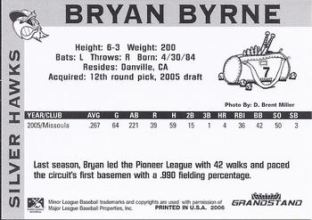 2006 Grandstand South Bend Silver Hawks #NNO Bryan Byrne Back