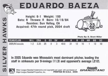 2006 Grandstand South Bend Silver Hawks #NNO Eduardo Baeza Back