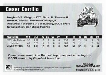 2006 Grandstand Southern League Top Prospects #NNO Cesar Carrillo Back