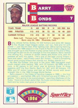 1986 Sportflics Rookies #13 Barry Bonds Back