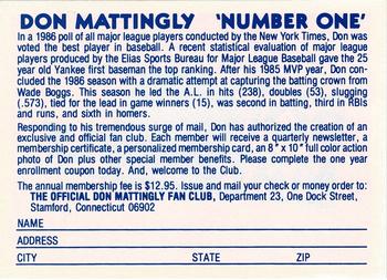 1986 Sportflics Rookies #NNO The Official Don Mattingly Fan Club Back