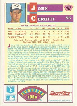 1986 Sportflics Rookies #36 John Cerutti Back