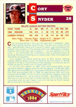 1986 Sportflics Rookies #18 Cory Snyder Back