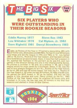 1986 Sportflics Rookies #48 Outstanding Rookie Seasons (Eddie Murray / Dave Righetti / Cal Ripken Jr. / Steve Sax / Darryl Strawberry / Lou Whitaker) Back