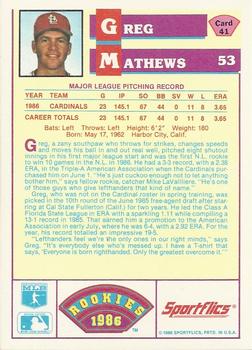 1986 Sportflics Rookies #41 Greg Mathews Back