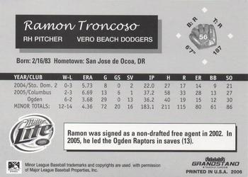2006 Grandstand Vero Beach Dodgers #NNO Ramon Troncoso Back