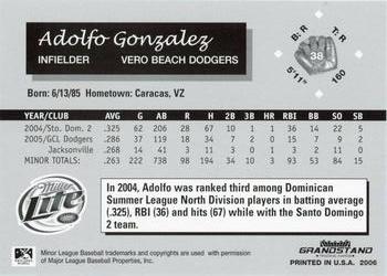 2006 Grandstand Vero Beach Dodgers #NNO Adolfo Gonzalez Back