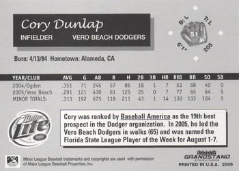 2006 Grandstand Vero Beach Dodgers #NNO Cory Dunlap Back
