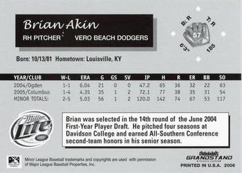 2006 Grandstand Vero Beach Dodgers #NNO Brian Akin Back