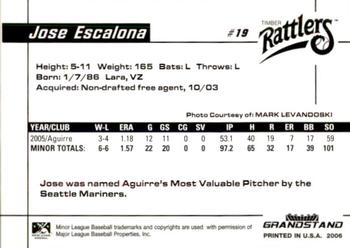 2006 Grandstand Wisconsin Timber Rattlers #5 Jose Escalona Back