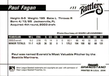 2006 Grandstand Wisconsin Timber Rattlers #6 Paul Fagan Back