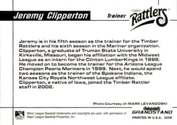 2006 Grandstand Wisconsin Timber Rattlers #29 Jeremy Clipperton Back