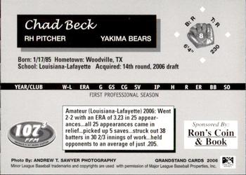 2006 Grandstand Yakima Bears #28 Chad Beck Back
